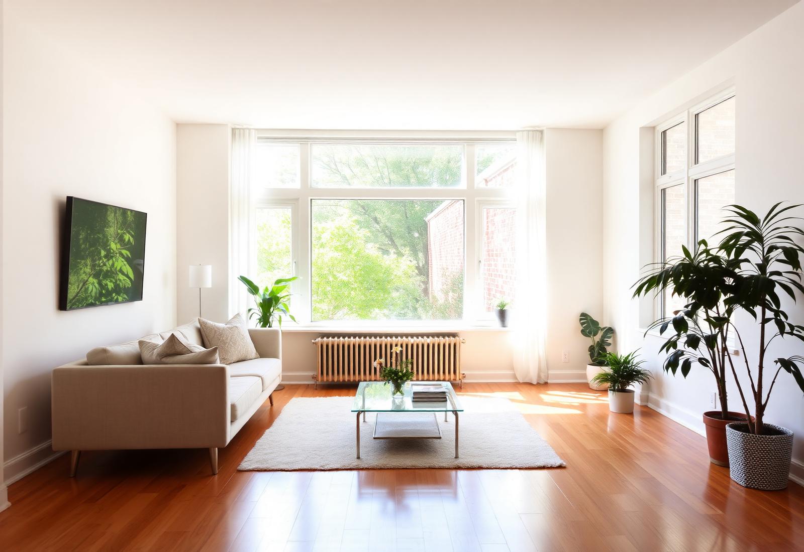 Bright, freshly cleaned Toronto living room with hardwood floors and natural light